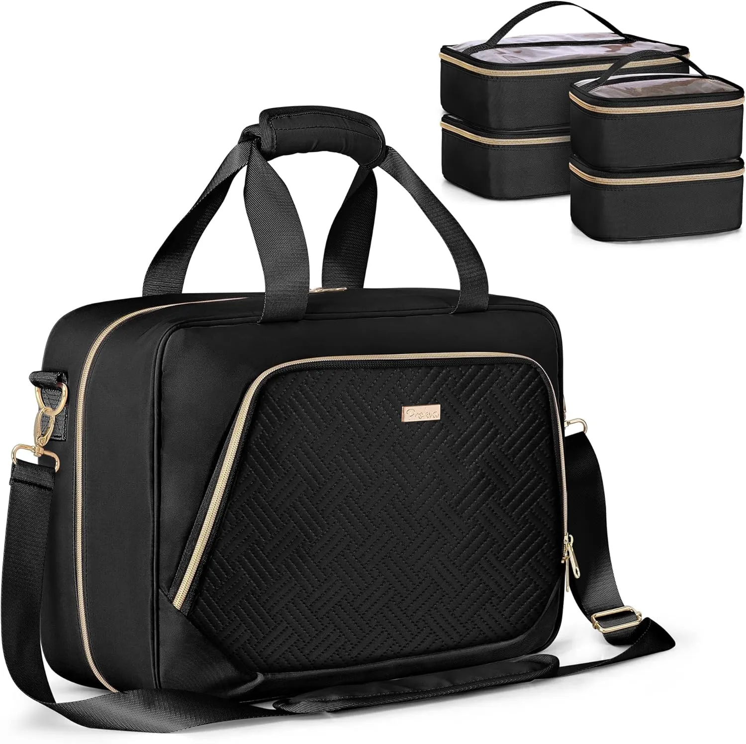 Professional Makeup Artist Travel Case with 4 Detachable Cosmetic Bags, Large Make up Organizer Bag with Makeup Kit Storage Section and Hair Tools Pocket, Black (Empty Bag Only)