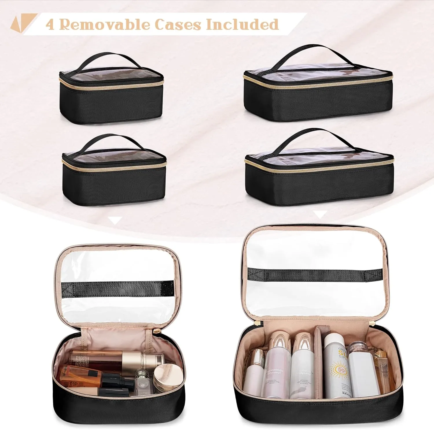 Professional Makeup Artist Travel Case with 4 Detachable Cosmetic Bags, Large Make up Organizer Bag with Makeup Kit Storage Section and Hair Tools Pocket, Black (Empty Bag Only)
