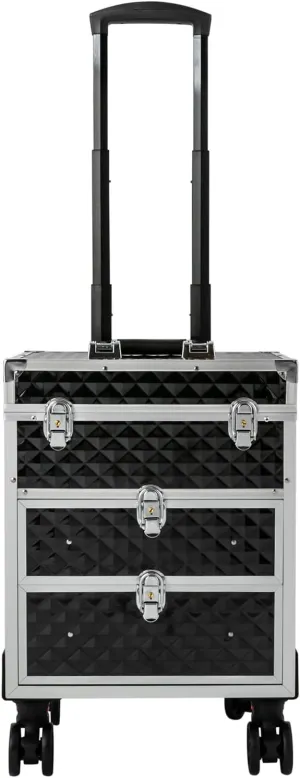 Professional Rolling Makeup Case, Aluminum Trolley Train Case Cosmetic Organizer with Sliding Drawers, Makeup Case with 360° Rotatable Wheels