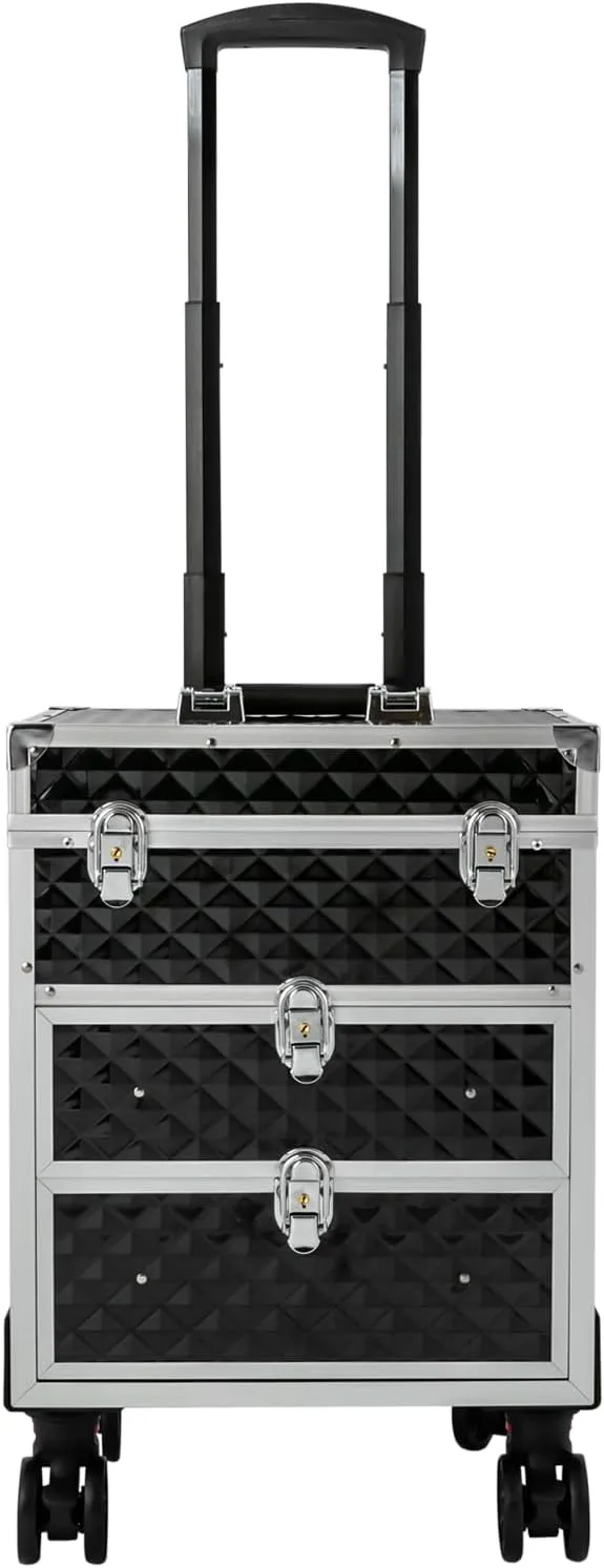 Professional Rolling Makeup Case, Aluminum Trolley Train Case Cosmetic Organizer with Sliding Drawers, Makeup Case with 360° Rotatable Wheels