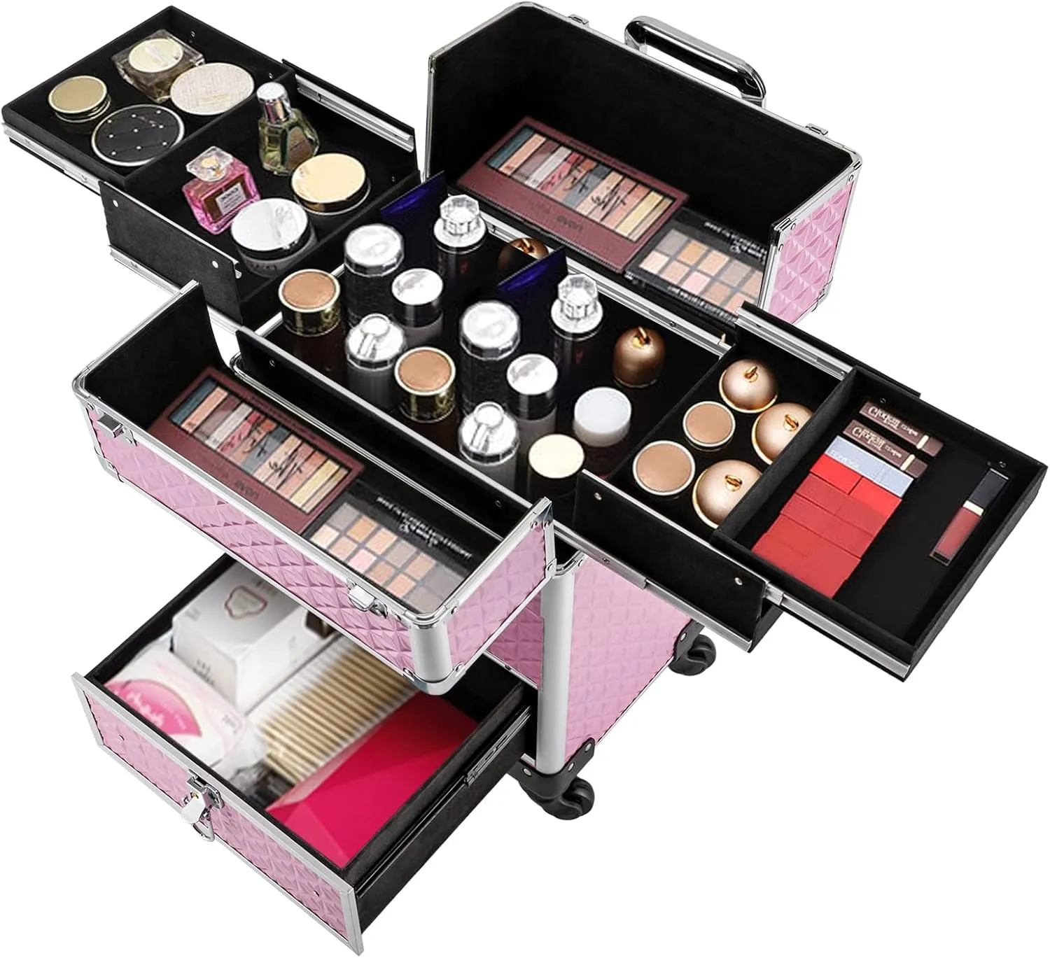 Professional Rolling Makeup Case, Polish Organizer Professional Makeup Trolley Aluminum Trolley Train Case Cosmetic Organizer with Sliding Drawers,360° Rotatable Wheels (Pink)