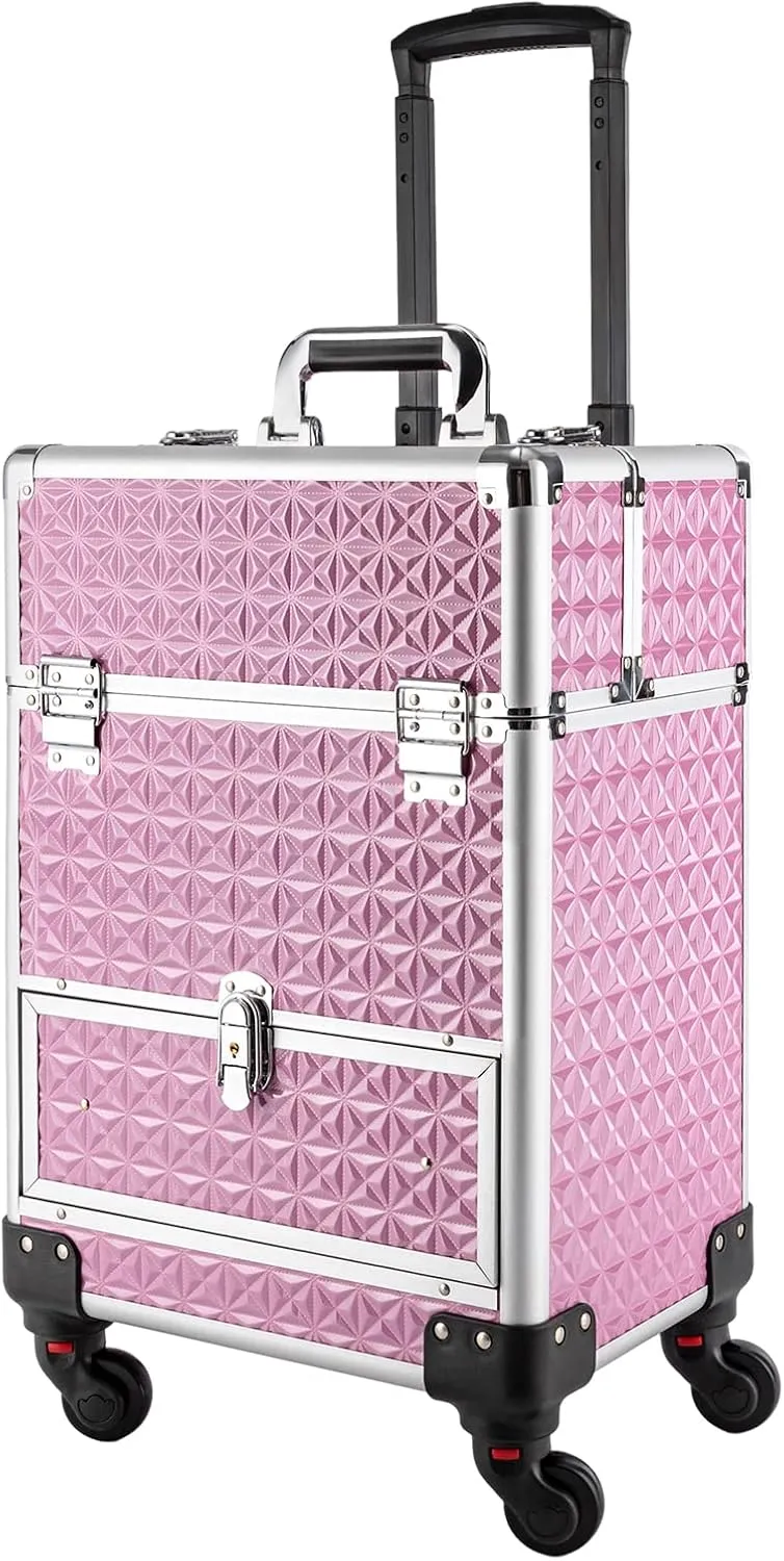 Professional Rolling Makeup Case, Polish Organizer Professional Makeup Trolley Aluminum Trolley Train Case Cosmetic Organizer with Sliding Drawers,360° Rotatable Wheels (Pink)