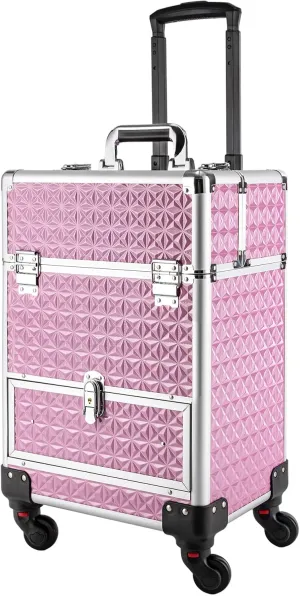 Professional Rolling Makeup Case, Polish Organizer Professional Makeup Trolley Aluminum Trolley Train Case Cosmetic Organizer with Sliding Drawers,360° Rotatable Wheels (Pink)