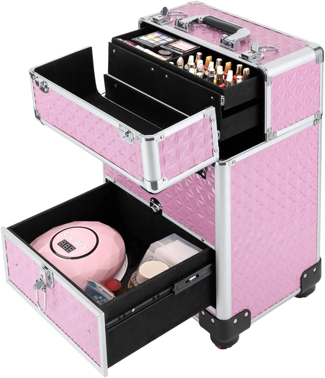 Professional Rolling Makeup Case, Polish Organizer Professional Makeup Trolley Aluminum Trolley Train Case Cosmetic Organizer with Sliding Drawers,360° Rotatable Wheels (Pink)