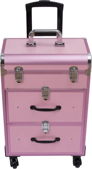 Professional Rolling Makeup Train Case, Aluminum Cosmetic Train Case with Wheels & Keys, Multi-functional Rolling Makeup Case for Make-Up Artists, Hairdressers, Nail Technicians-Pink