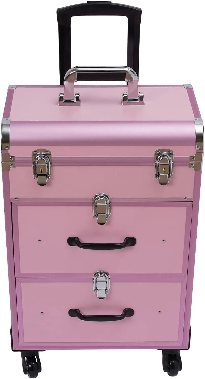 Professional Rolling Makeup Train Case, Aluminum Cosmetic Train Case with Wheels & Keys, Multi-functional Rolling Makeup Case for Make-Up Artists, Hairdressers, Nail Technicians-Pink