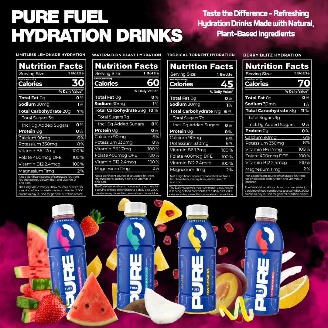 Pure Fuel Healthy Hydration Drinks - Limitless Lemonade, Berry Blitz, Tropical Torrent and Watermelon Blast - Sports Drinks - Plant Based - Variety Pack - 12pk x 16.9 fl oz