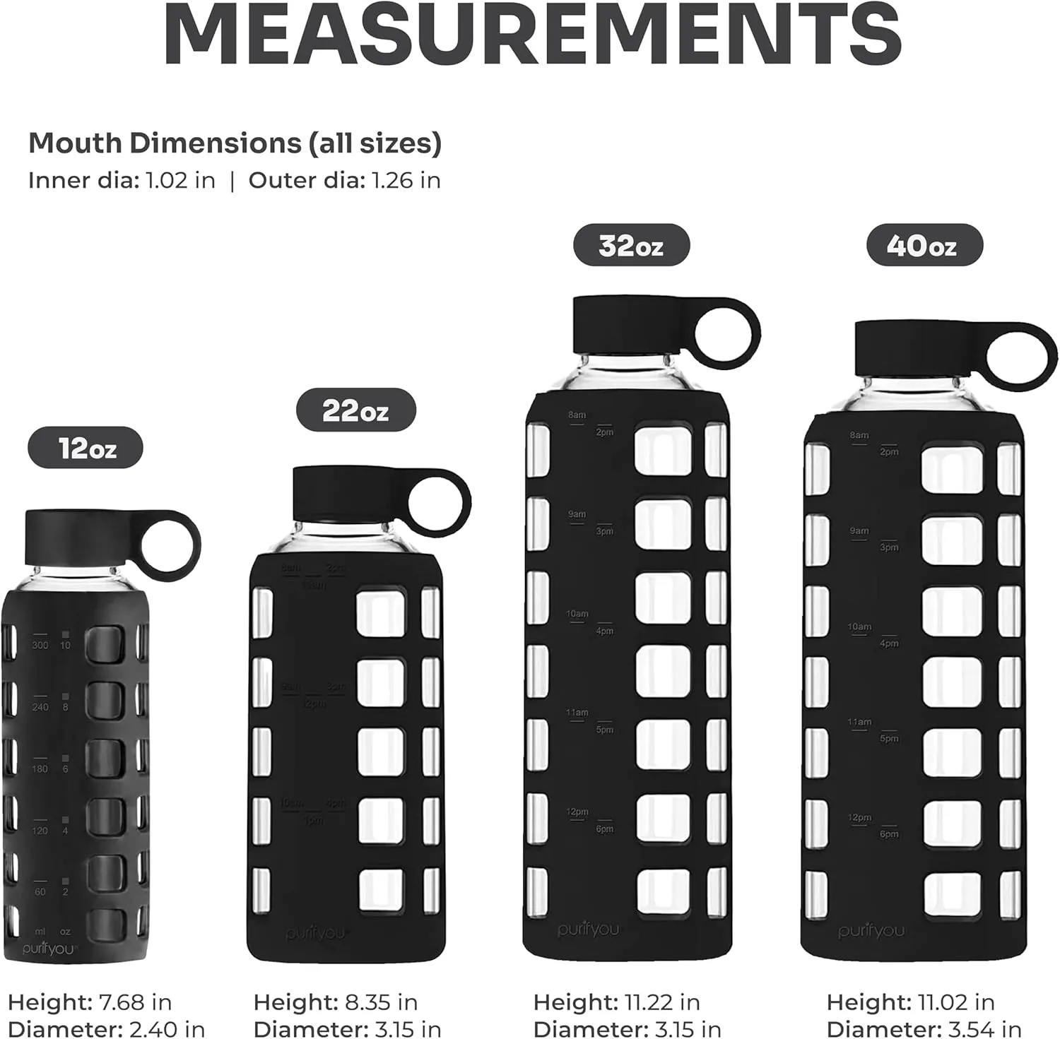 purifyou 40/32/22/12 oz Borosilicate Glass Water Bottles with Volume Markers, Silicone Sleeve, Stainless Steel Lid, Reusable Bottle for Water, Juice, Gym, and Fridge Storage (22oz Jet Black)