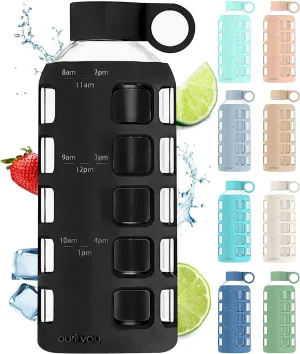 purifyou 40/32/22/12 oz Borosilicate Glass Water Bottles with Volume Markers, Silicone Sleeve, Stainless Steel Lid, Reusable Bottle for Water, Juice, Gym, and Fridge Storage (22oz Jet Black)