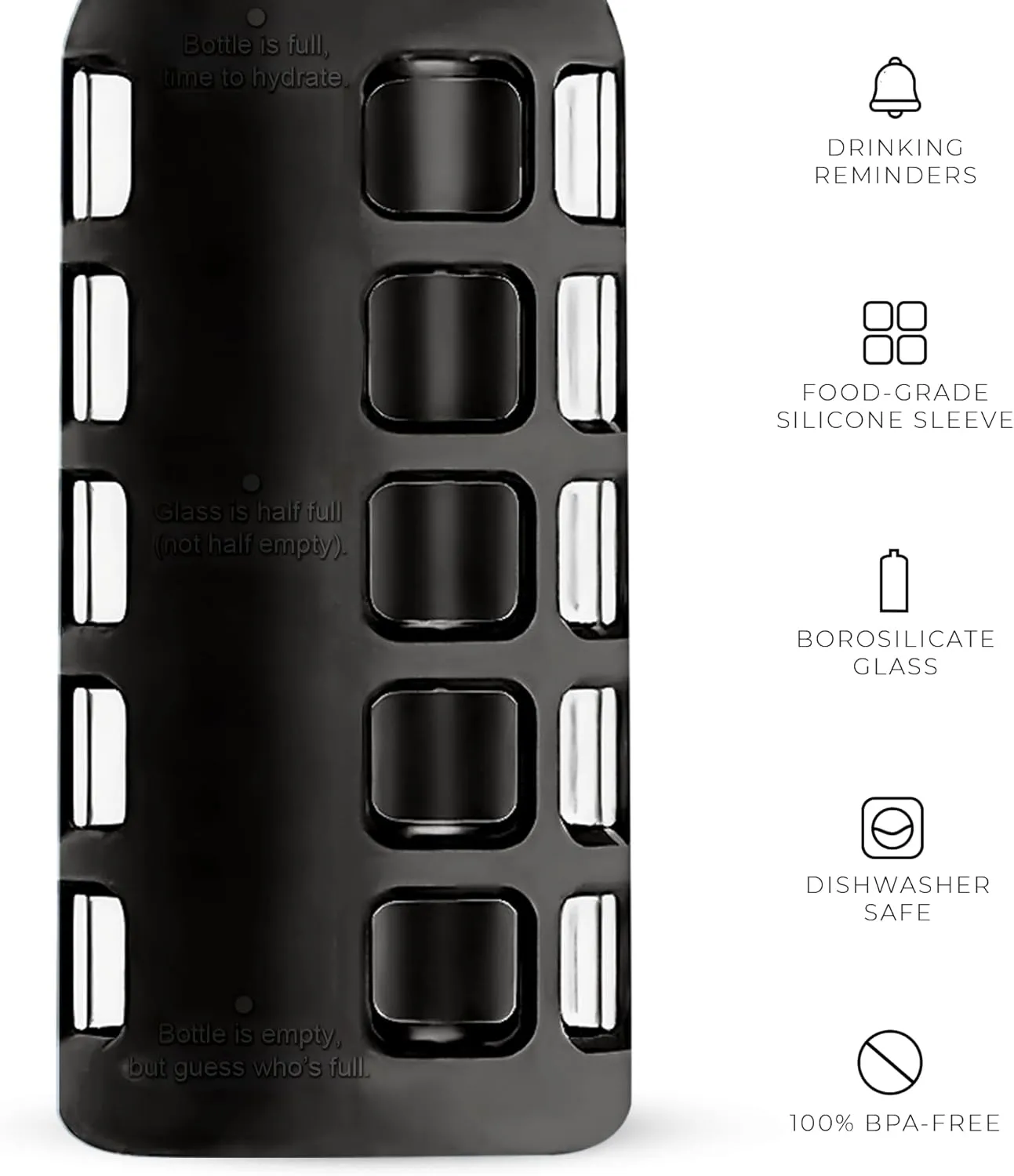 purifyou 40/32/22/12 oz Borosilicate Glass Water Bottles with Volume Markers, Silicone Sleeve, Stainless Steel Lid, Reusable Bottle for Water, Juice, Gym, and Fridge Storage (22oz Jet Black)