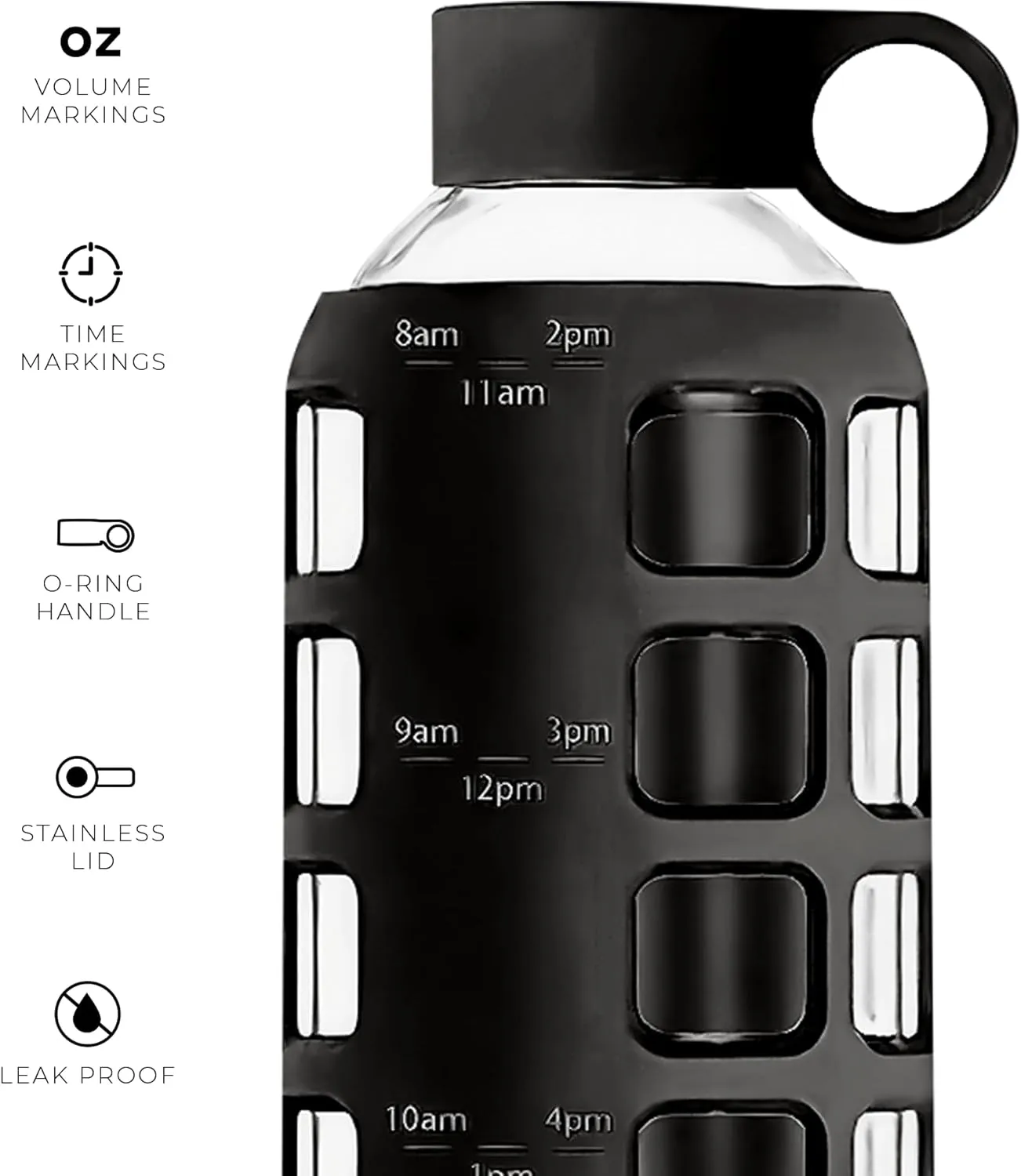 purifyou 40/32/22/12 oz Borosilicate Glass Water Bottles with Volume Markers, Silicone Sleeve, Stainless Steel Lid, Reusable Bottle for Water, Juice, Gym, and Fridge Storage (22oz Jet Black)