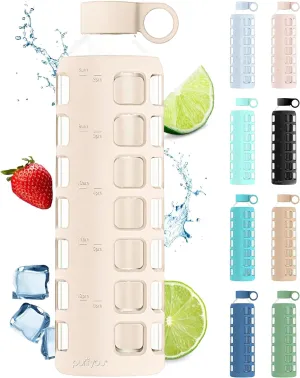purifyou 40/32/22/12 oz Borosilicate Glass Water Bottles with Volume Markers, Silicone Sleeve, Stainless Steel Lid, Reusable Bottle for Water, Juice, Gym, and Fridge Storage (32oz Pearled Ivory)