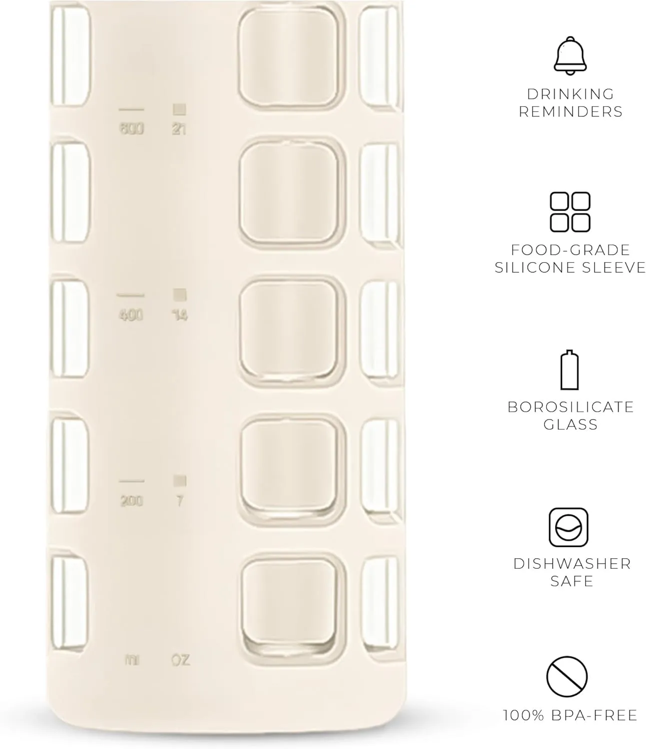 purifyou 40/32/22/12 oz Borosilicate Glass Water Bottles with Volume Markers, Silicone Sleeve, Stainless Steel Lid, Reusable Bottle for Water, Juice, Gym, and Fridge Storage (32oz Pearled Ivory)