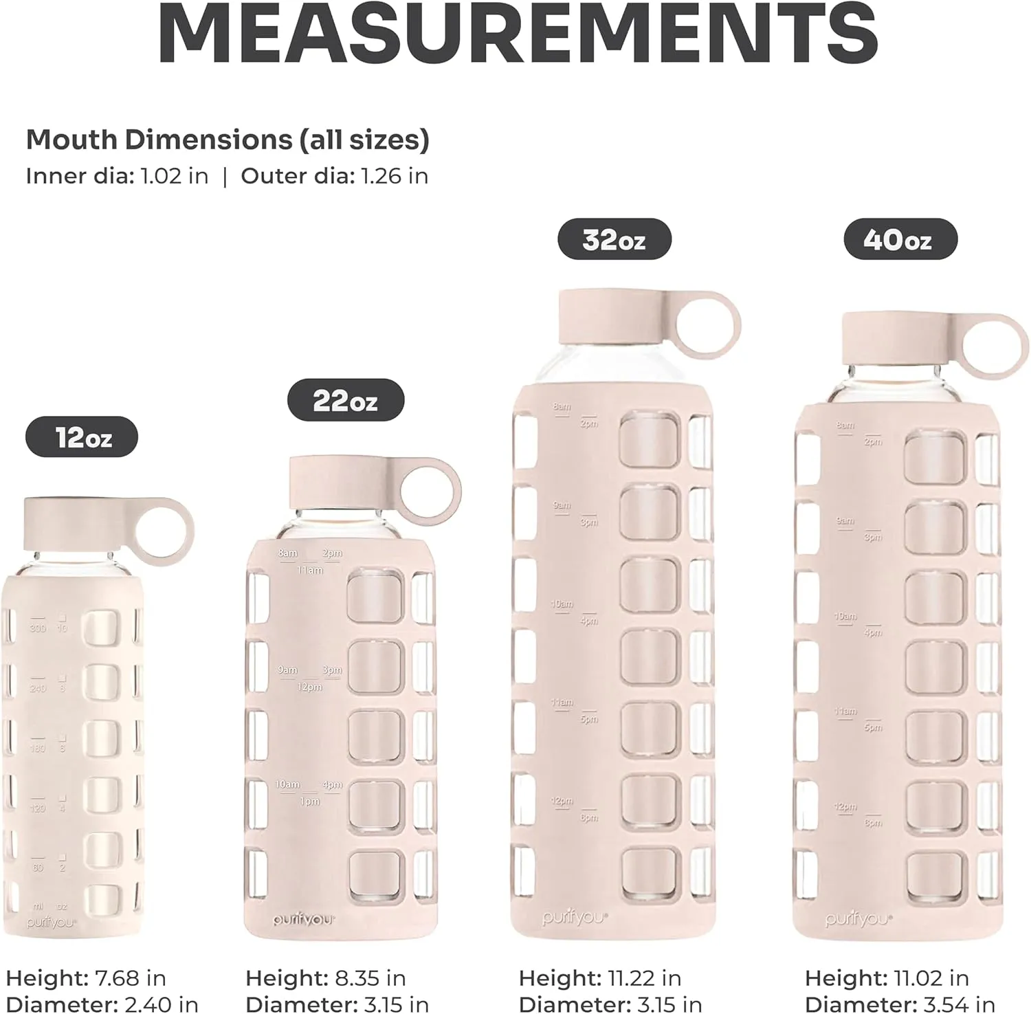 purifyou 40/32/22/12 oz Borosilicate Glass Water Bottles with Volume Markers, Silicone Sleeve, Stainless Steel Lid, Reusable Bottle for Water, Juice, Gym, and Fridge Storage (32oz Pearled Ivory)