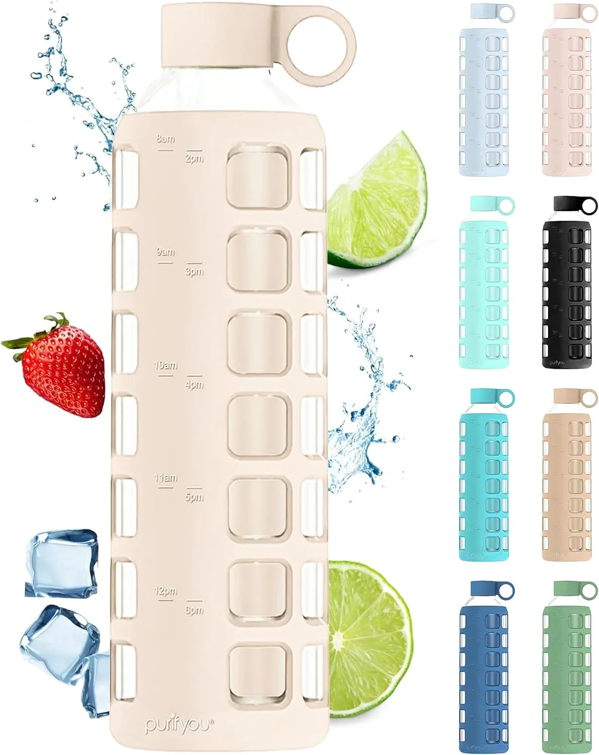 purifyou 40/32/22/12 oz Borosilicate Glass Water Bottles with Volume Markers, Silicone Sleeve, Stainless Steel Lid, Reusable Bottle for Water, Juice, Gym, and Fridge Storage (32oz Pearled Ivory)