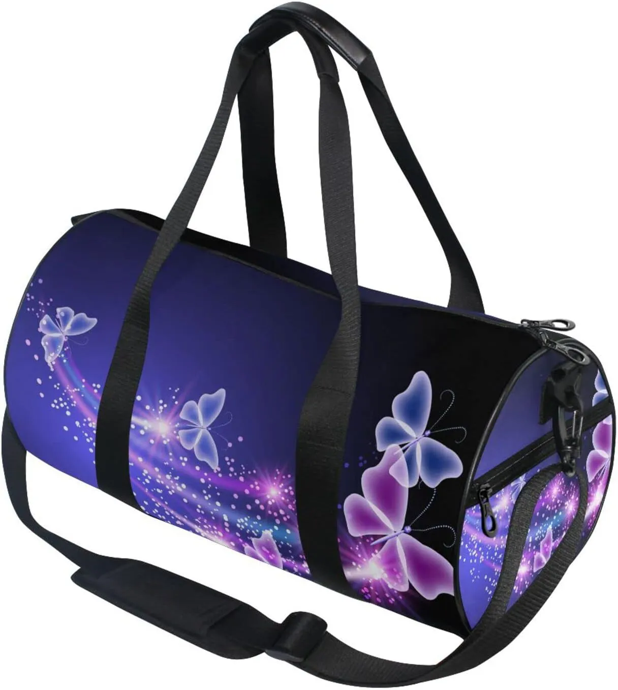 Purple Blue Butterflies and Stars on Blue Dark Pattern Duffel Bag, Foldable Canvas Travel Tote for Gym Sports with Inner Pockets, Durable Lightweight Fitness Bag for Overnight Workout
