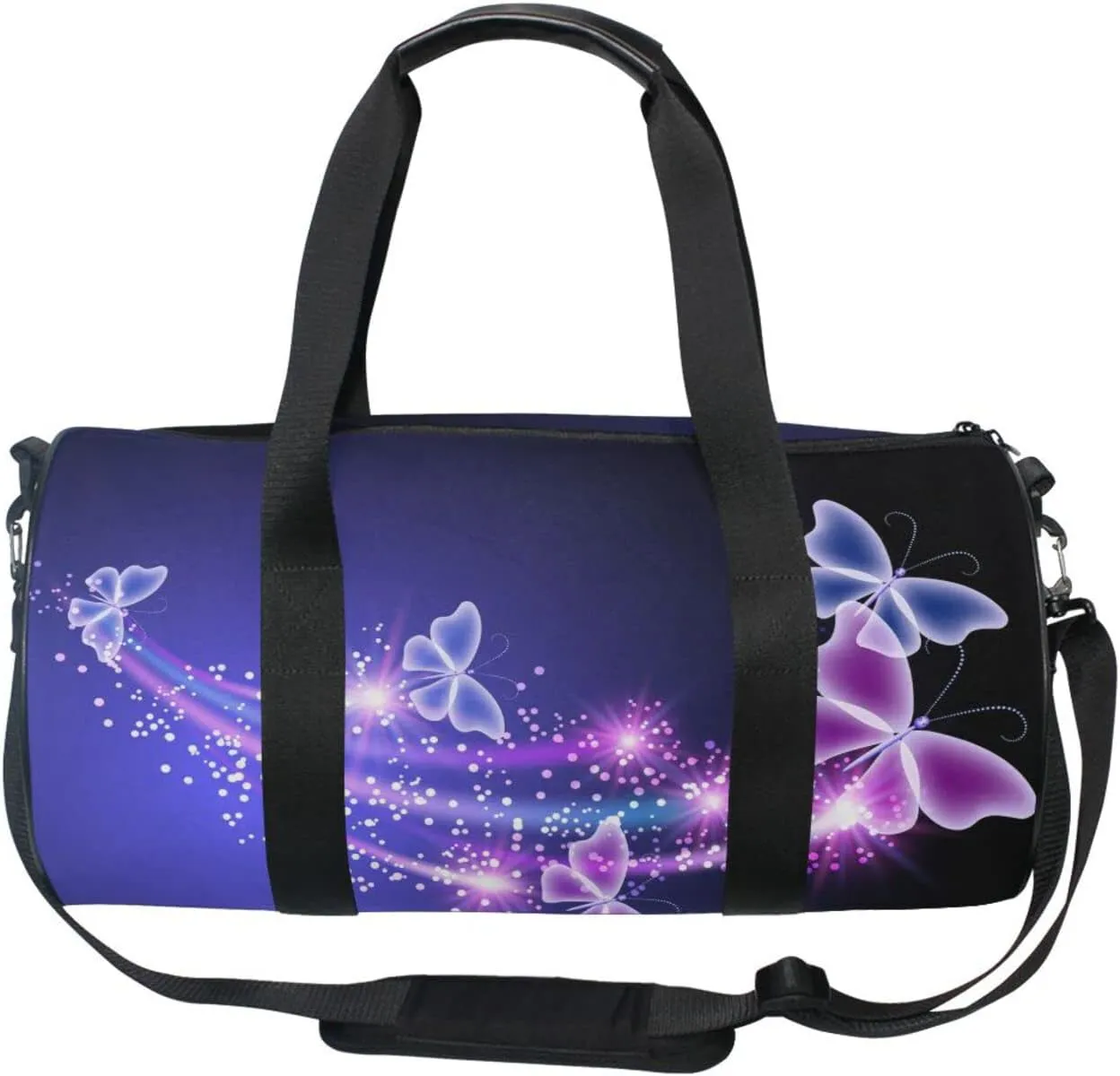 Purple Blue Butterflies and Stars on Blue Dark Pattern Duffel Bag, Foldable Canvas Travel Tote for Gym Sports with Inner Pockets, Durable Lightweight Fitness Bag for Overnight Workout