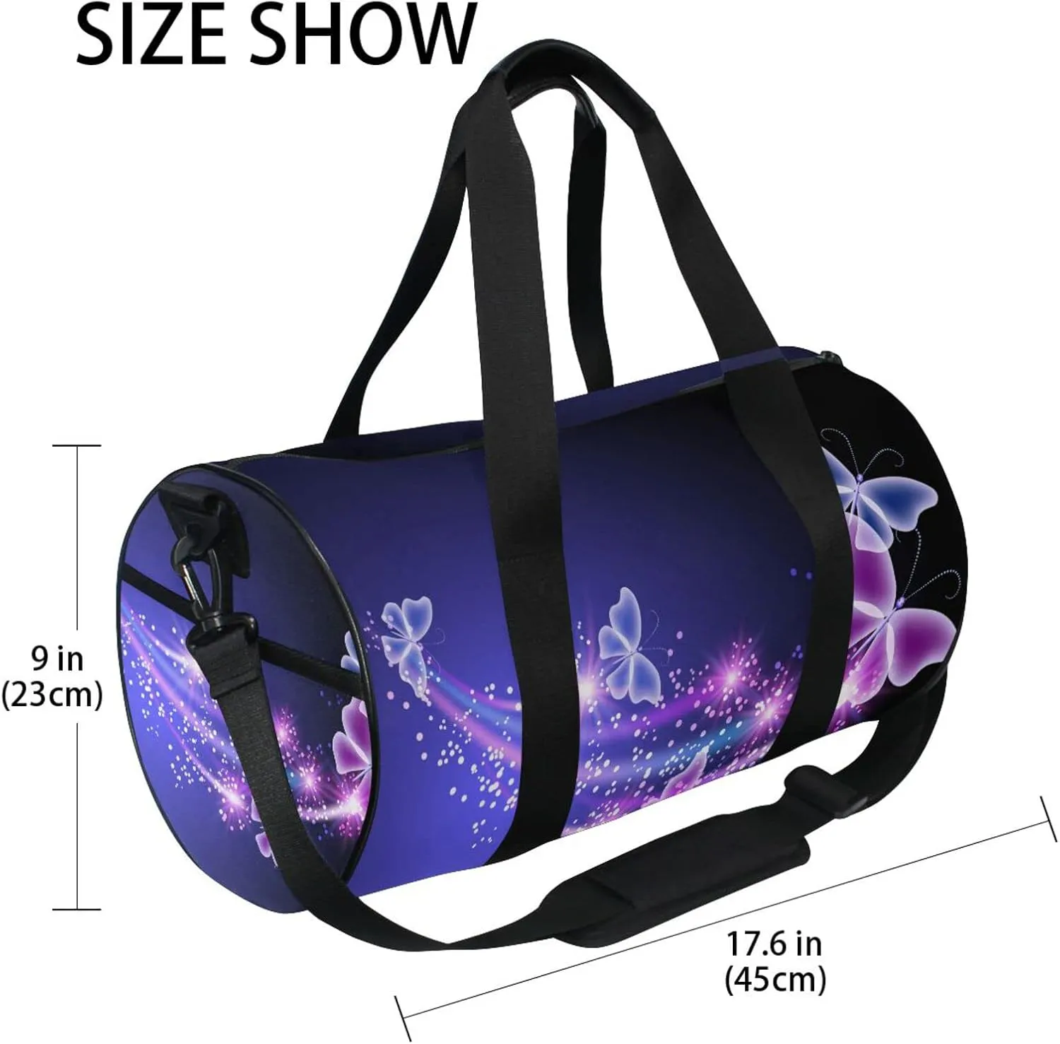 Purple Blue Butterflies and Stars on Blue Dark Pattern Duffel Bag, Foldable Canvas Travel Tote for Gym Sports with Inner Pockets, Durable Lightweight Fitness Bag for Overnight Workout
