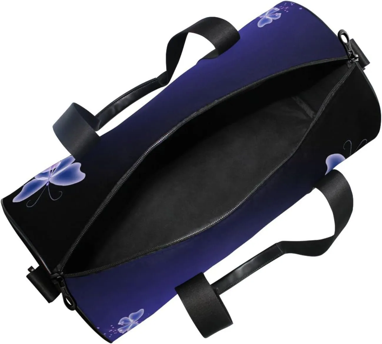 Purple Blue Butterflies and Stars on Blue Dark Pattern Duffel Bag, Foldable Canvas Travel Tote for Gym Sports with Inner Pockets, Durable Lightweight Fitness Bag for Overnight Workout