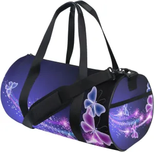 Purple Blue Butterflies and Stars on Blue Dark Pattern Duffel Bag, Foldable Canvas Travel Tote for Gym Sports with Inner Pockets, Durable Lightweight Fitness Bag for Overnight Workout
