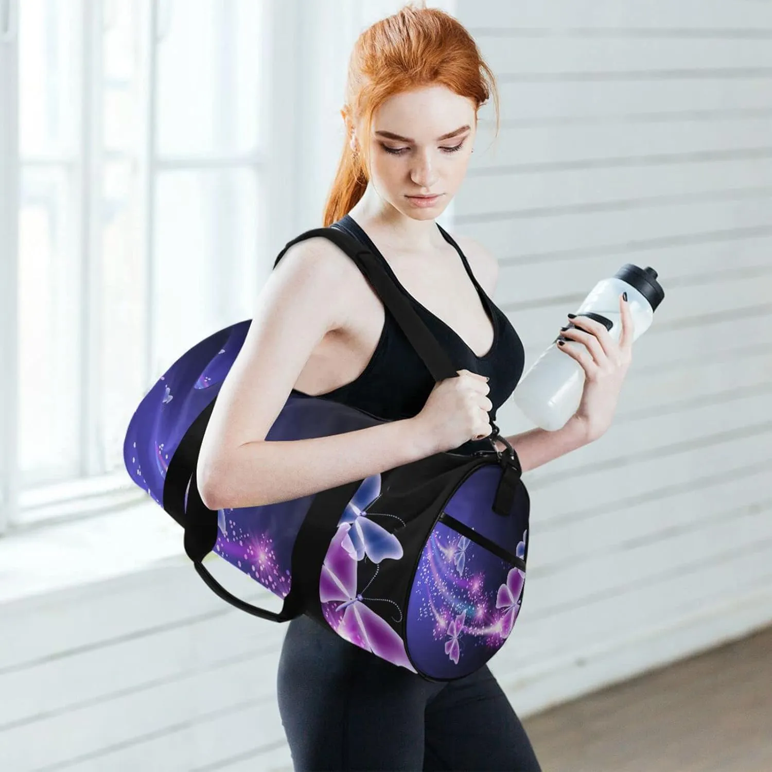 Purple Blue Butterflies and Stars on Blue Dark Pattern Duffel Bag, Foldable Canvas Travel Tote for Gym Sports with Inner Pockets, Durable Lightweight Fitness Bag for Overnight Workout