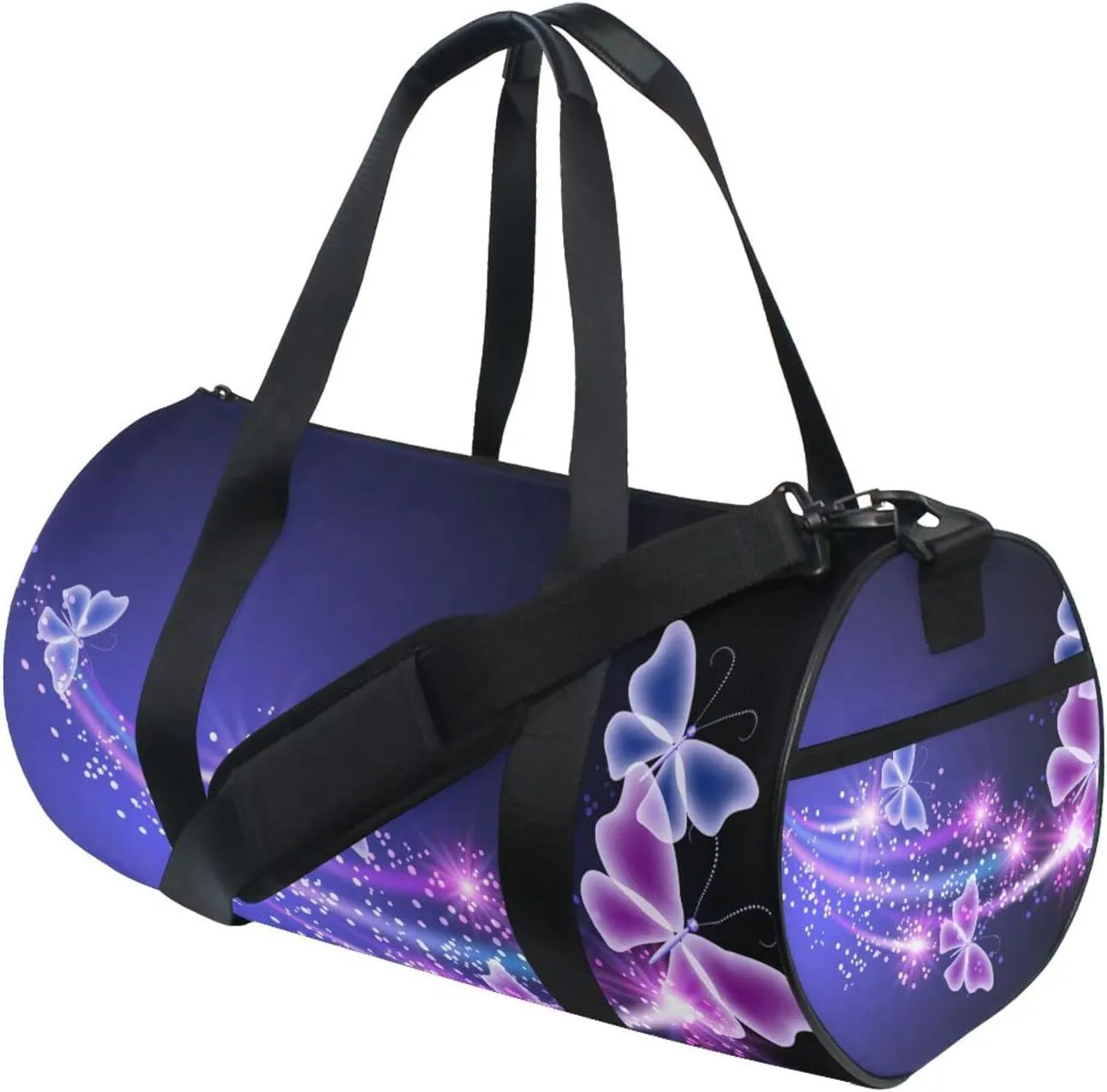 Purple Blue Butterflies and Stars on Blue Dark Pattern Duffel Bag, Foldable Canvas Travel Tote for Gym Sports with Inner Pockets, Durable Lightweight Fitness Bag for Overnight Workout