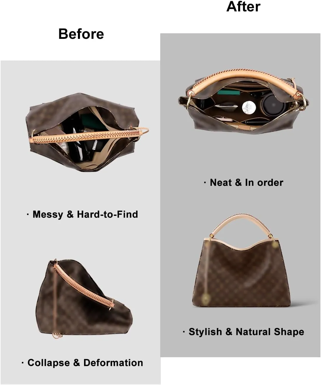 Purse Organizer Insert For Handbags, Tote Bag Organizer Insert, Handbag Organizer For Tote & Handbags, Compatible with Neverful Speedy and More (Small,Lighting Coffee)