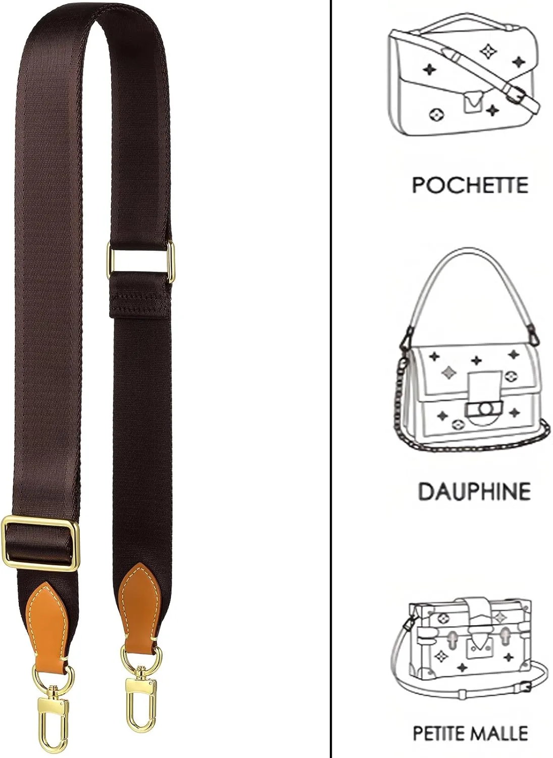 purse strap Adjustable Soft Crossbody Strap for Pochette Accessories Replacement Strap, Wide Canvas Strap for Designer Purse, Brown&honey Brown Leather