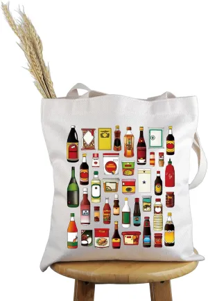PWHAOO Asian Inspired Gift Asian Cooking Tote Bag Asian Pantry Staples Handbag Asian Sauces Design Gift