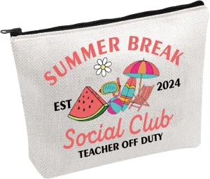 PWHAOO Teacher Summer Vacation Gift Summer Break Social Club Est 2024 Teacher Off Duty Cosmetic Bag Teacher Appreciation Gift (Summer Break B)