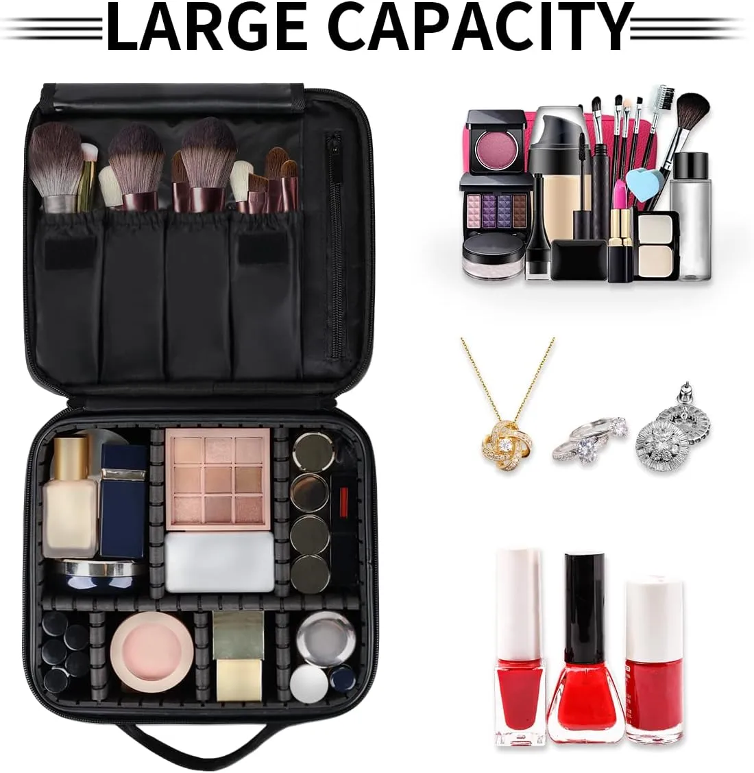 QsirBC Makeup Train Case with Adjustable Dividers, Portable Make Up Bag for Women, Toiletry Bag for Men with Waterproof Brush Cover, Wooden Horse Travel Makeup Organizer Makeup Box