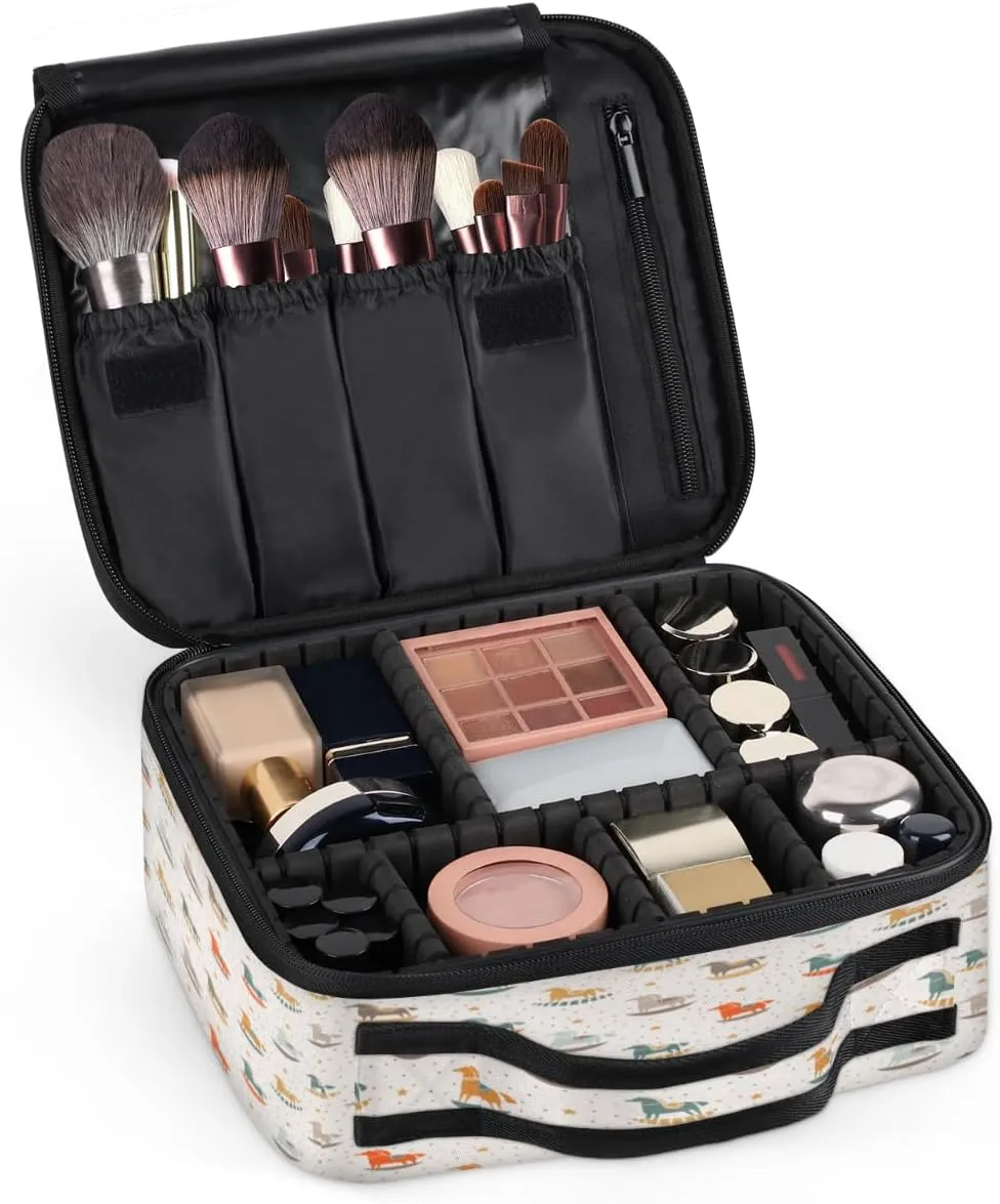 QsirBC Makeup Train Case with Adjustable Dividers, Portable Make Up Bag for Women, Toiletry Bag for Men with Waterproof Brush Cover, Wooden Horse Travel Makeup Organizer Makeup Box