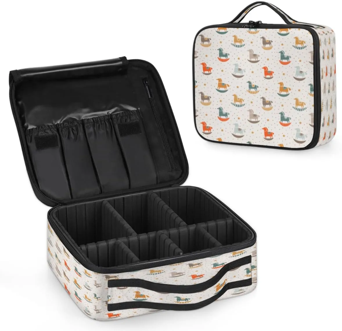 QsirBC Makeup Train Case with Adjustable Dividers, Portable Make Up Bag for Women, Toiletry Bag for Men with Waterproof Brush Cover, Wooden Horse Travel Makeup Organizer Makeup Box