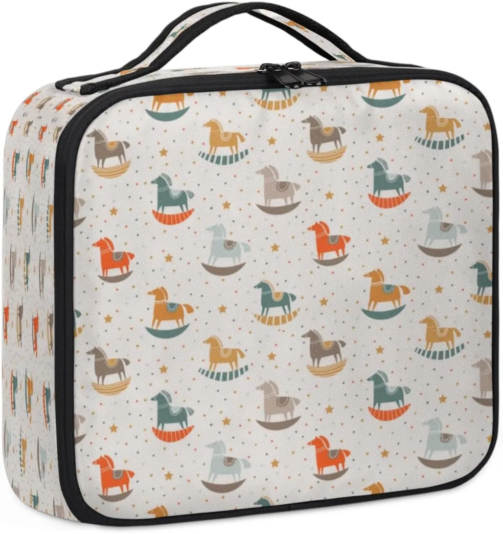 QsirBC Makeup Train Case with Adjustable Dividers, Portable Make Up Bag for Women, Toiletry Bag for Men with Waterproof Brush Cover, Wooden Horse Travel Makeup Organizer Makeup Box