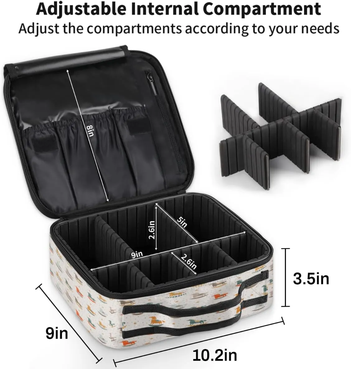 QsirBC Makeup Train Case with Adjustable Dividers, Portable Make Up Bag for Women, Toiletry Bag for Men with Waterproof Brush Cover, Wooden Horse Travel Makeup Organizer Makeup Box