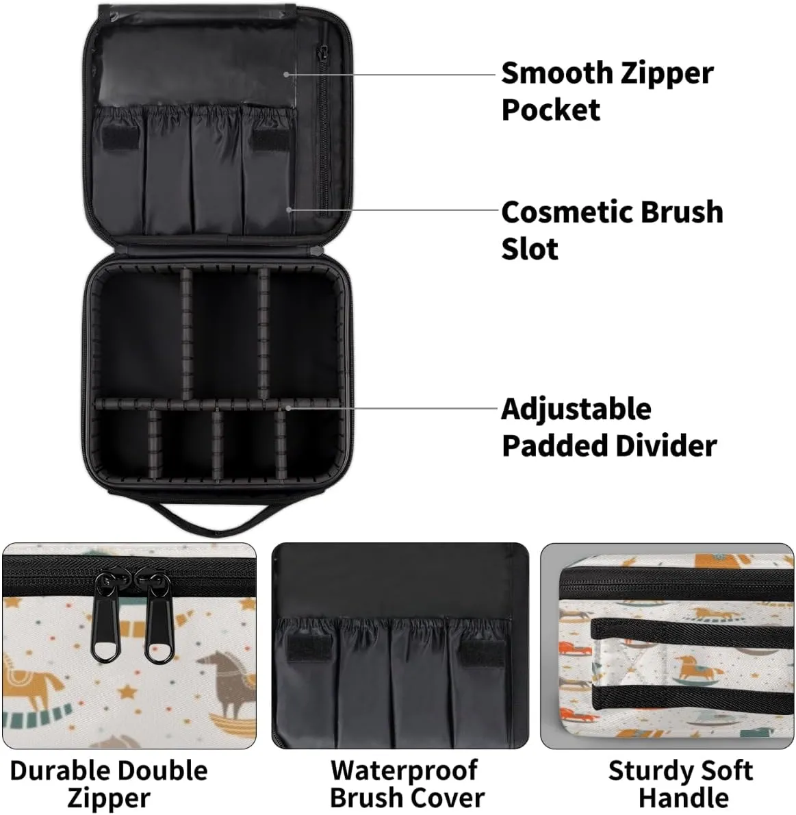 QsirBC Makeup Train Case with Adjustable Dividers, Portable Make Up Bag for Women, Toiletry Bag for Men with Waterproof Brush Cover, Wooden Horse Travel Makeup Organizer Makeup Box