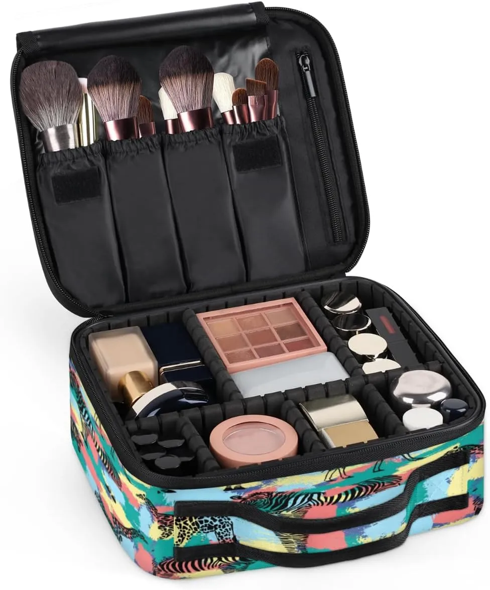 QsirBC Makeup Train Case with Adjustable Dividers, Portable Make Up Bag for Women, Toiletry Bag for Men with Waterproof Brush Cover, Zebra Giraffe Pattern Travel Makeup Organizer Makeup Box