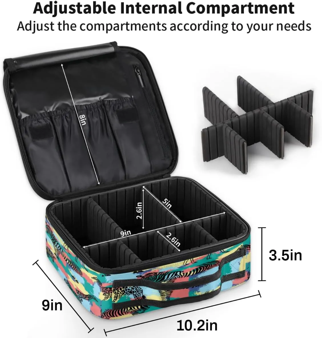 QsirBC Makeup Train Case with Adjustable Dividers, Portable Make Up Bag for Women, Toiletry Bag for Men with Waterproof Brush Cover, Zebra Giraffe Pattern Travel Makeup Organizer Makeup Box
