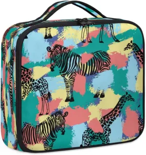 QsirBC Makeup Train Case with Adjustable Dividers, Portable Make Up Bag for Women, Toiletry Bag for Men with Waterproof Brush Cover, Zebra Giraffe Pattern Travel Makeup Organizer Makeup Box
