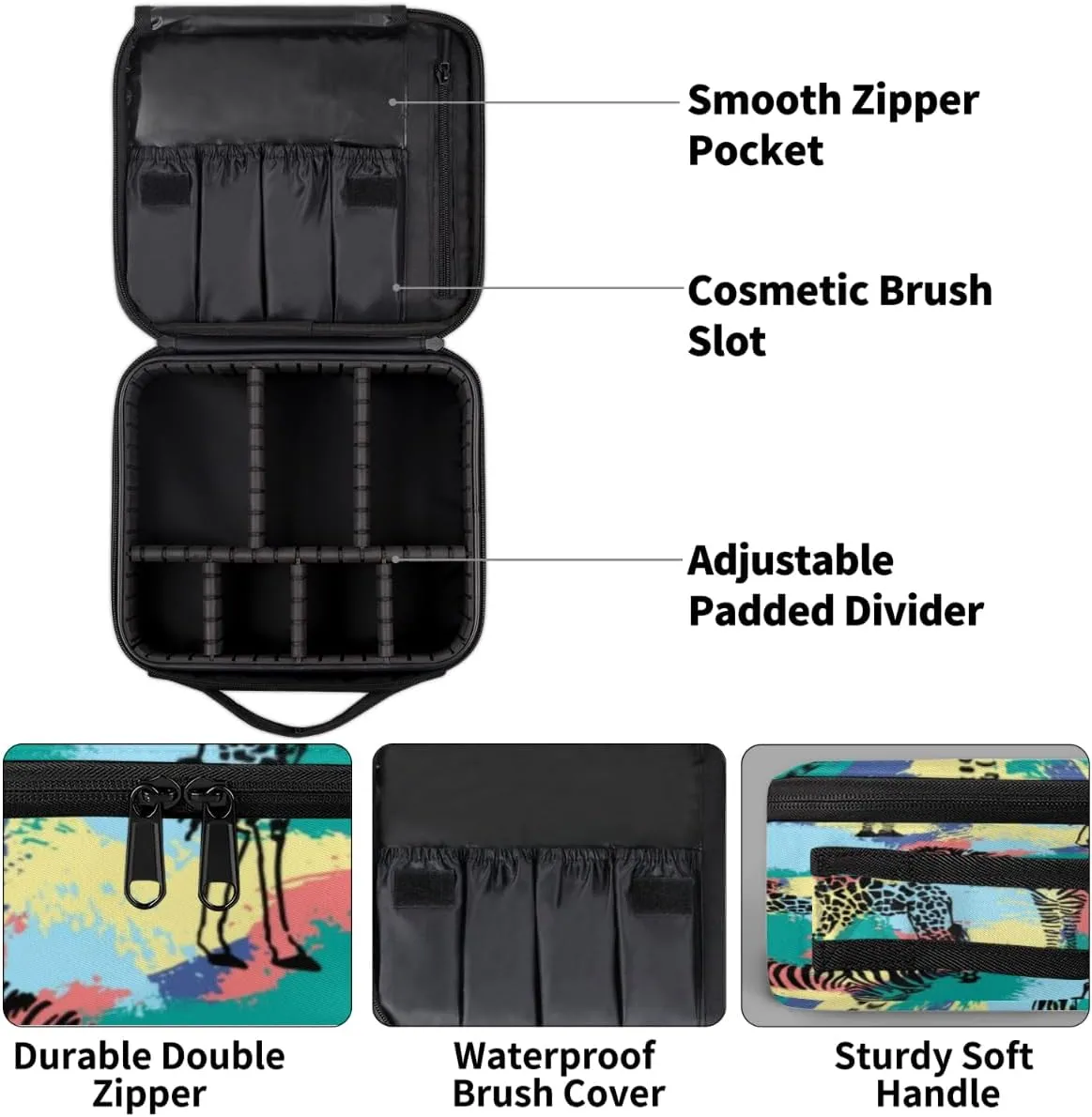 QsirBC Makeup Train Case with Adjustable Dividers, Portable Make Up Bag for Women, Toiletry Bag for Men with Waterproof Brush Cover, Zebra Giraffe Pattern Travel Makeup Organizer Makeup Box