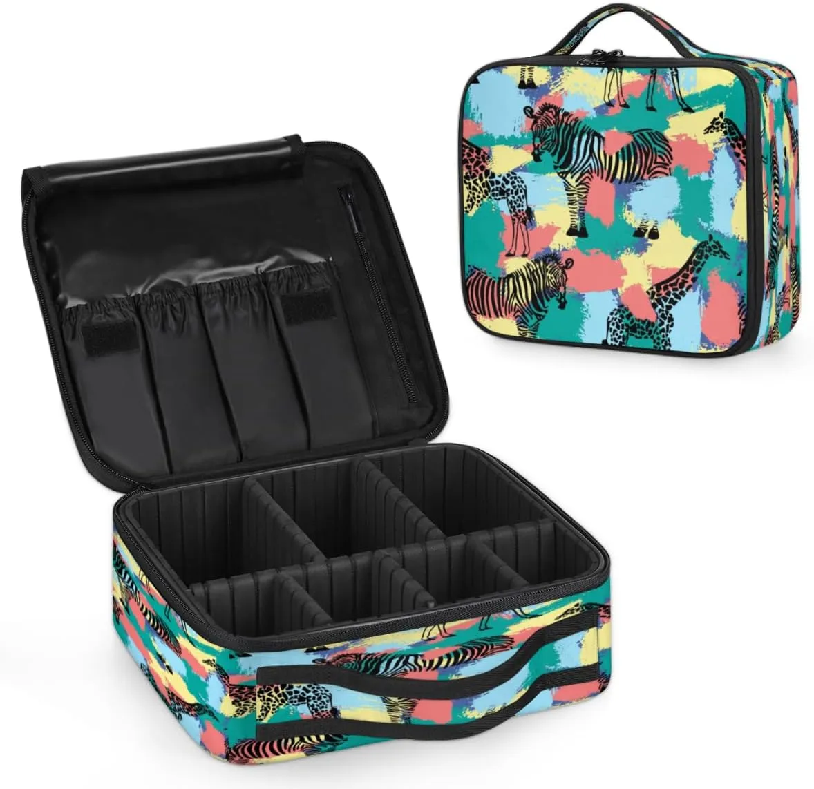 QsirBC Makeup Train Case with Adjustable Dividers, Portable Make Up Bag for Women, Toiletry Bag for Men with Waterproof Brush Cover, Zebra Giraffe Pattern Travel Makeup Organizer Makeup Box
