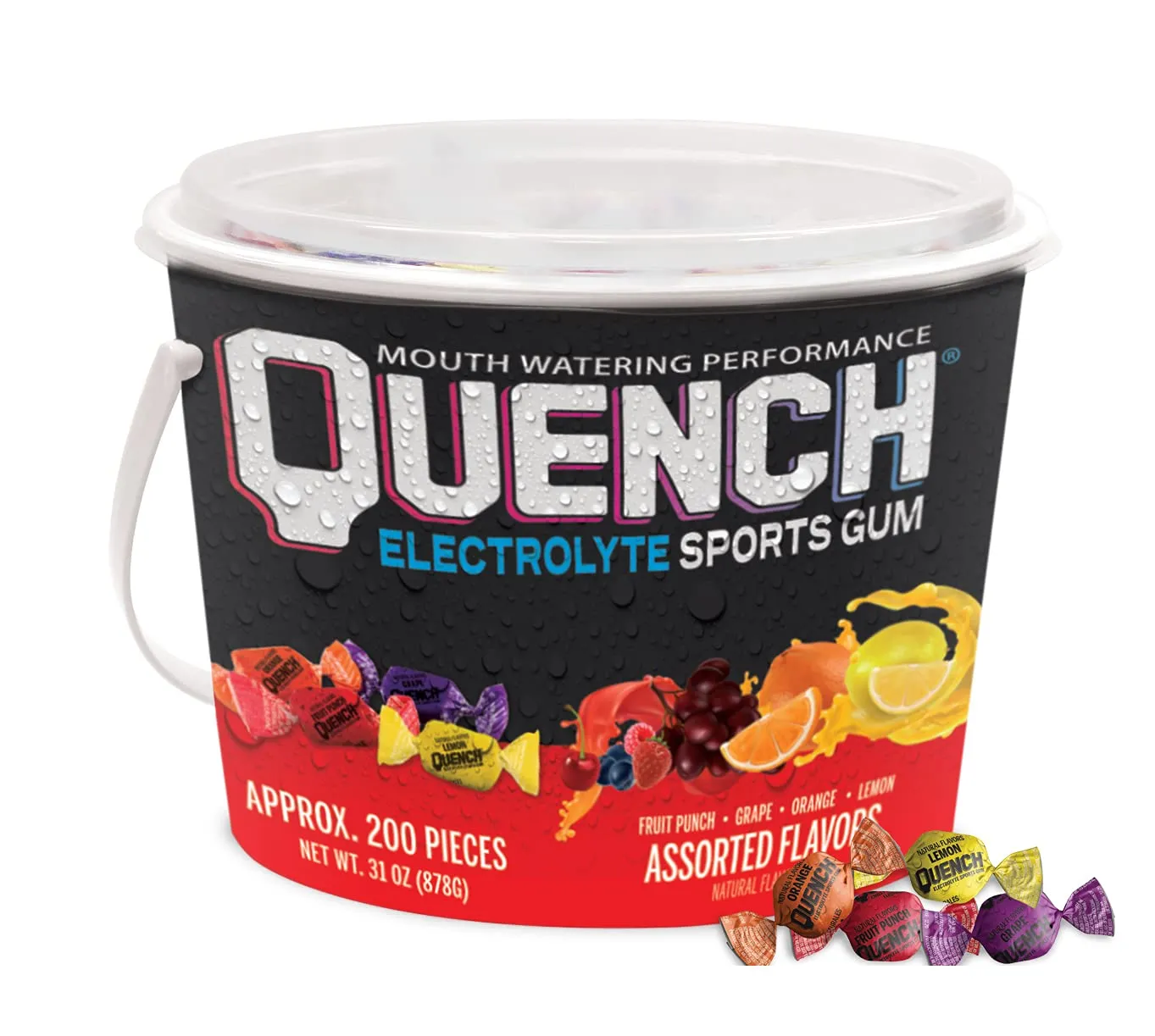 Quench Gum Variety Bucket, Electrolytes Chewing Gum for Athletes and Sports Trainers, New Assorted Fruity Flavors, 200 Pieces