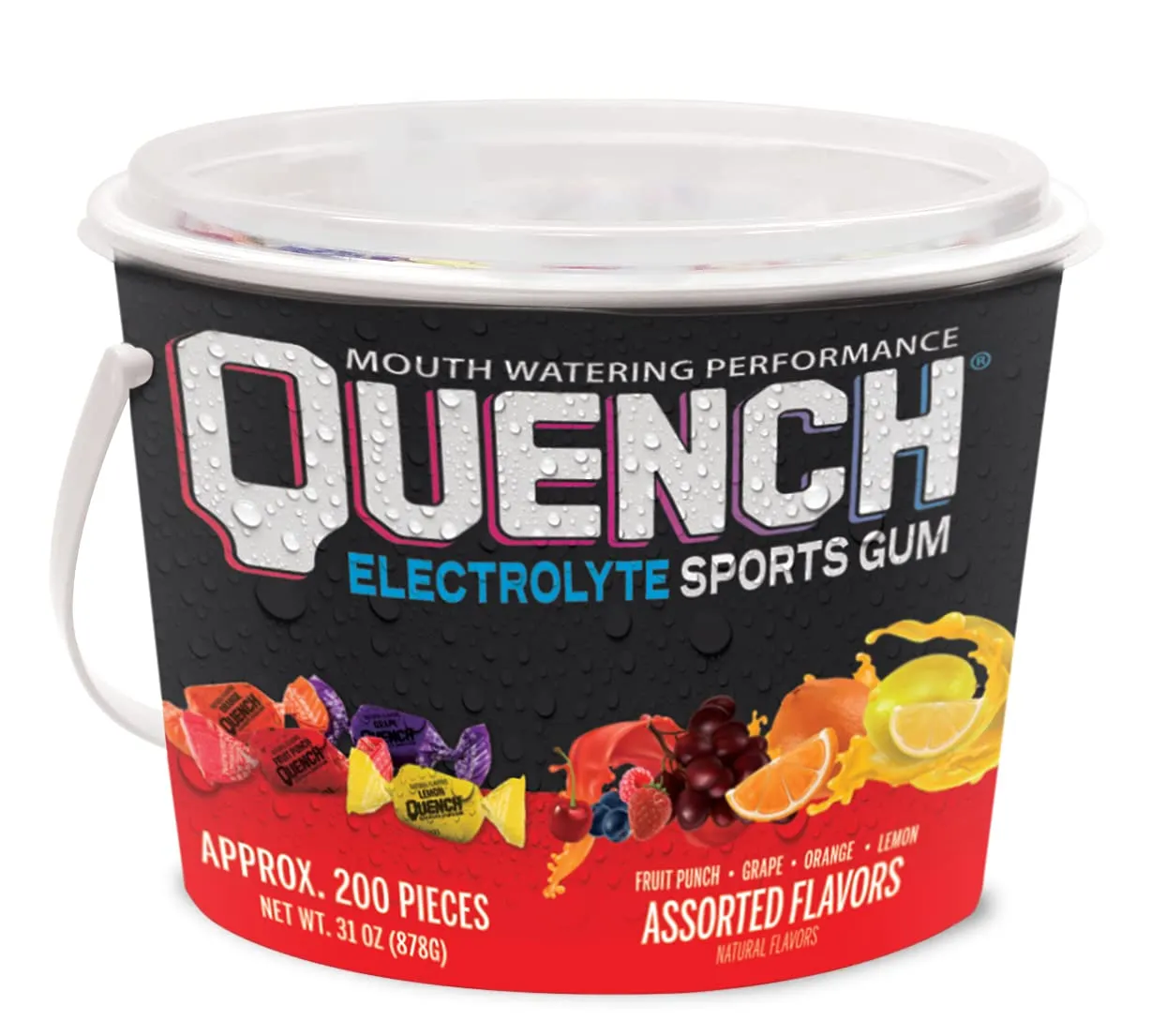 Quench Gum Variety Bucket, Electrolytes Chewing Gum for Athletes and Sports Trainers, New Assorted Fruity Flavors, 200 Pieces