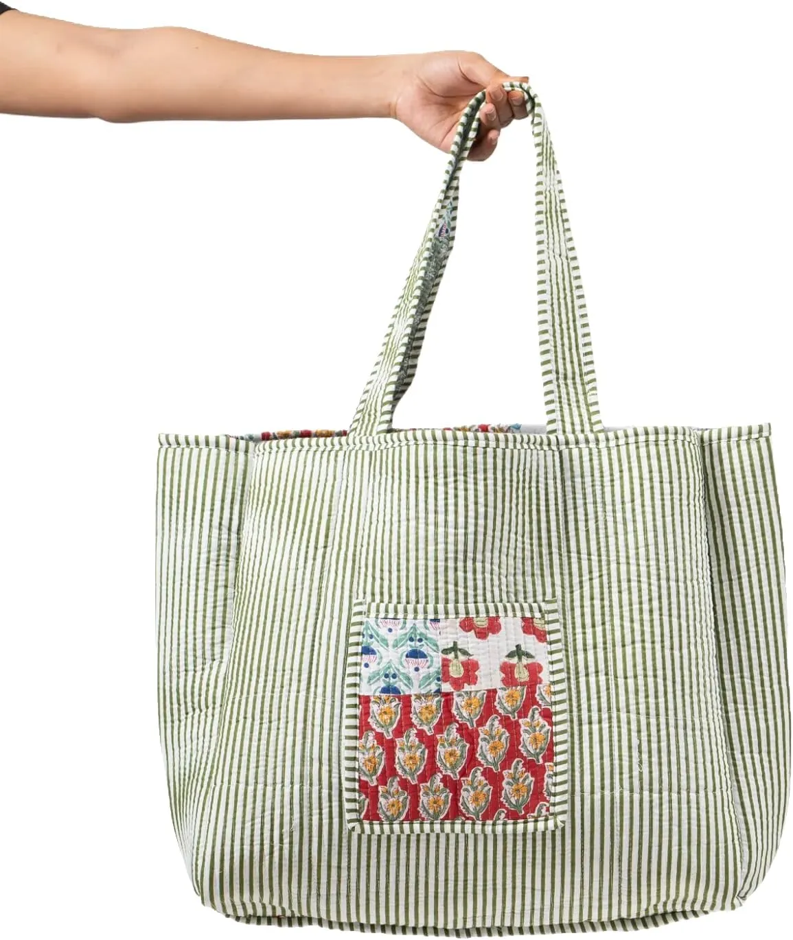 Quilted Large Cotton Fabric Tote Bag For Travel Grocery Shopping Weekend Trips with Inside and Outside Pocket