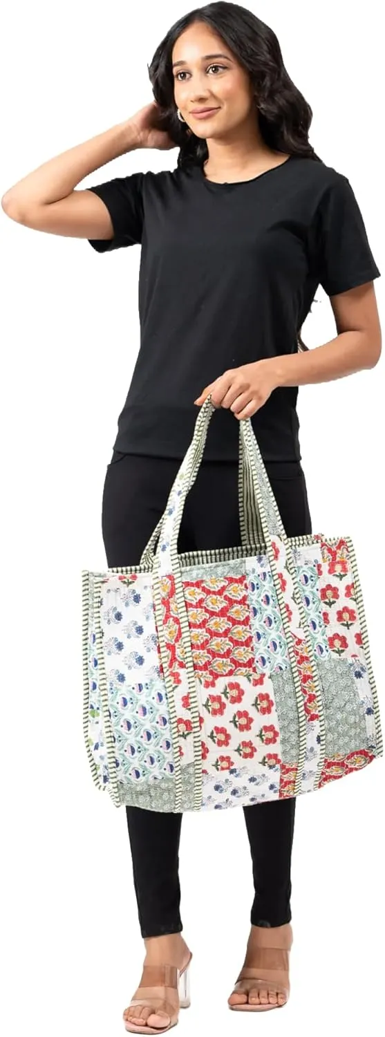 Quilted Large Cotton Fabric Tote Bag For Travel Grocery Shopping Weekend Trips with Inside and Outside Pocket