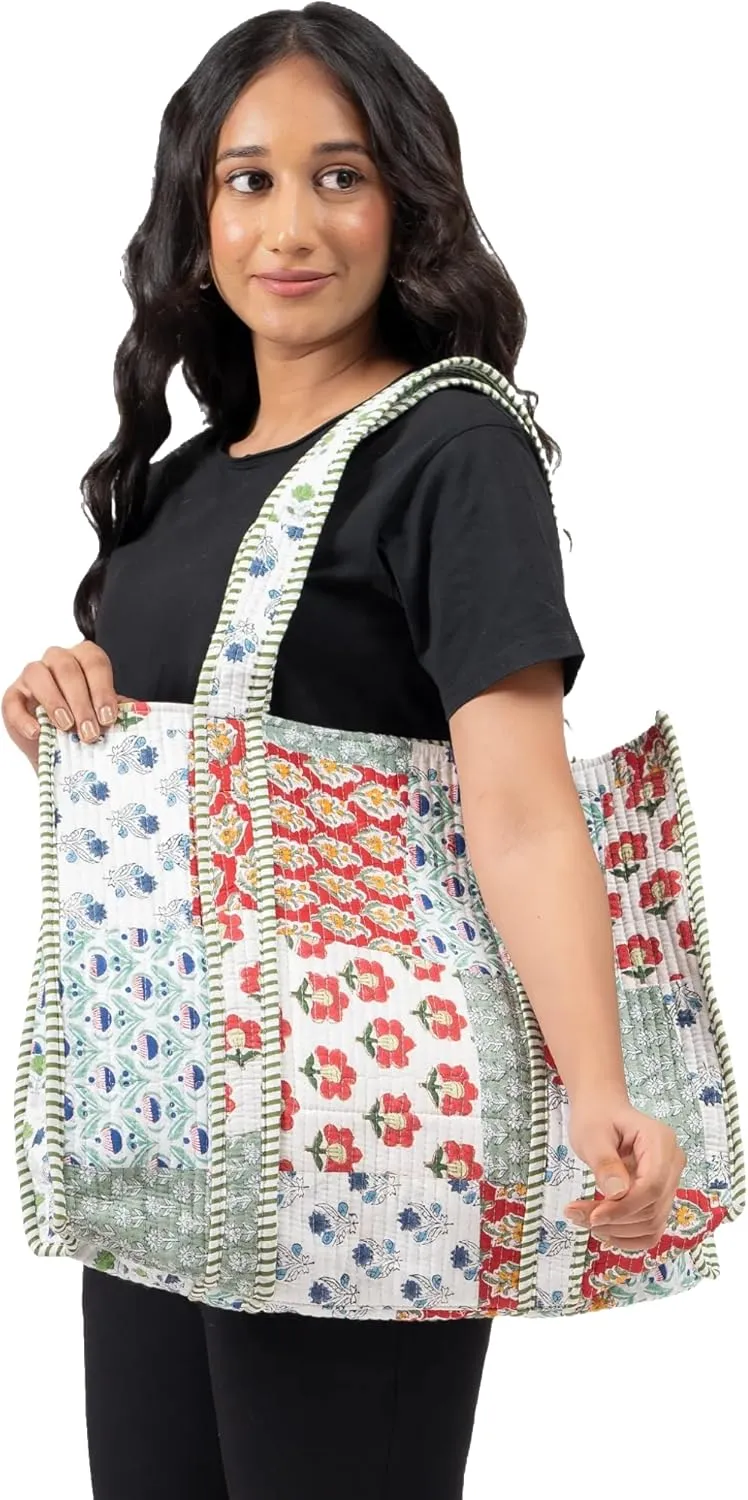 Quilted Large Cotton Fabric Tote Bag For Travel Grocery Shopping Weekend Trips with Inside and Outside Pocket