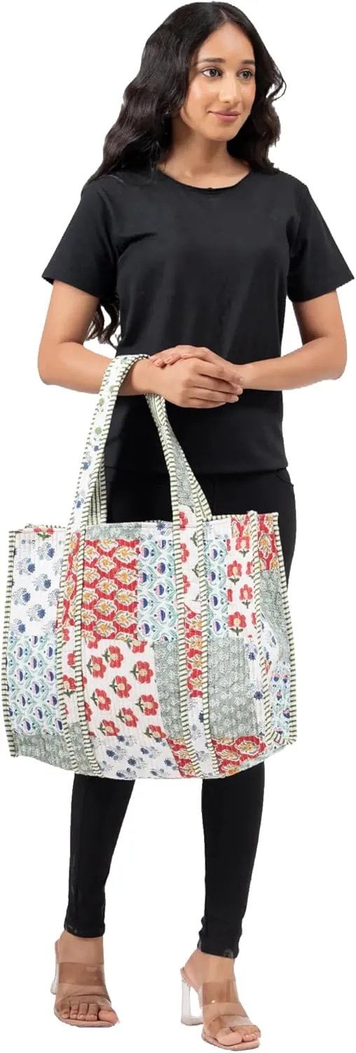 Quilted Large Cotton Fabric Tote Bag For Travel Grocery Shopping Weekend Trips with Inside and Outside Pocket