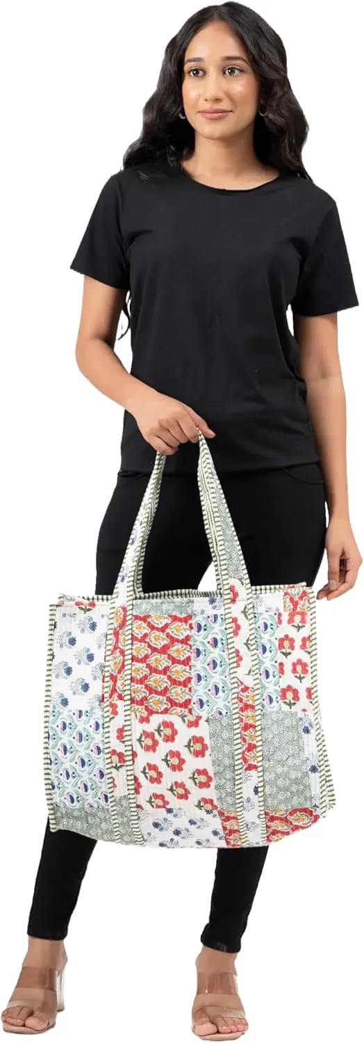 Quilted Large Cotton Fabric Tote Bag For Travel Grocery Shopping Weekend Trips with Inside and Outside Pocket