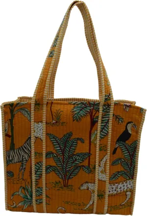 Quilted Large Cotton Fabric Tote Bag Travel Grocery Shopping Weekend Trips with Inside Pocket -Tropical Safari