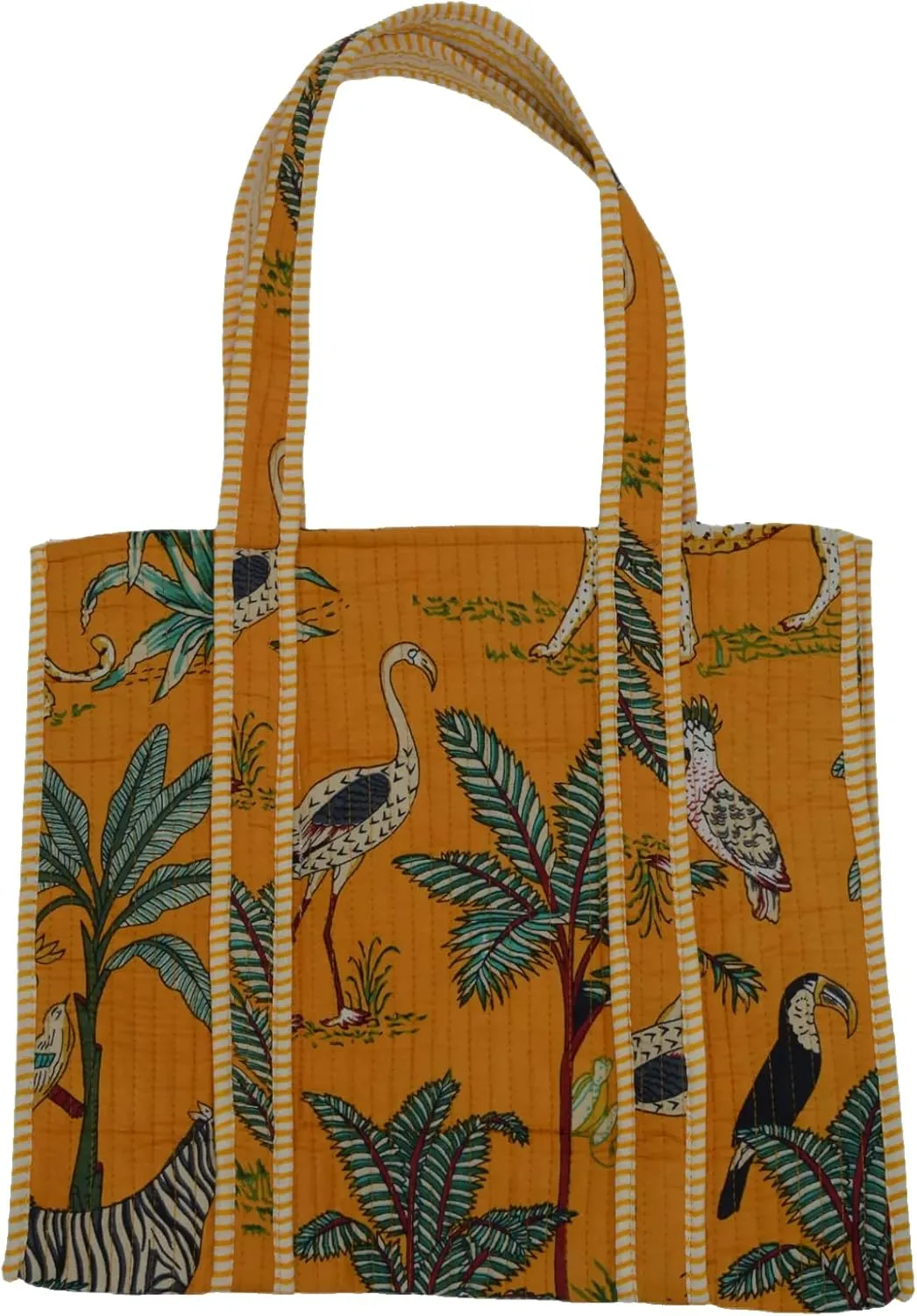 Quilted Large Cotton Fabric Tote Bag Travel Grocery Shopping Weekend Trips with Inside Pocket -Tropical Safari